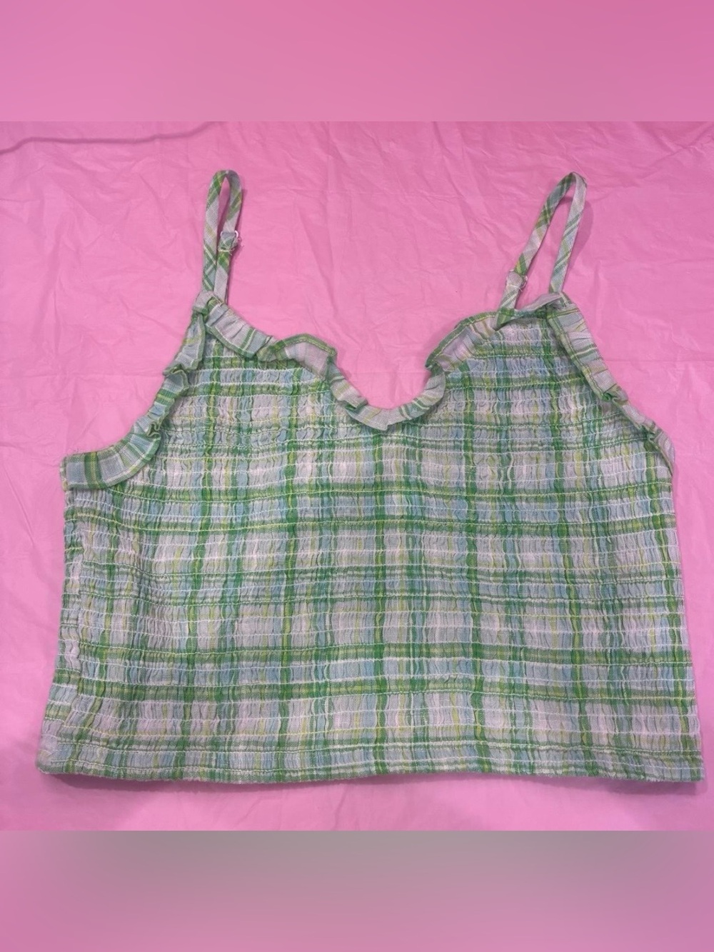 Cotton On Womens Plaid Ruffle Cami Tank Top Green Pinup Summer Stretch NWOT Sz M